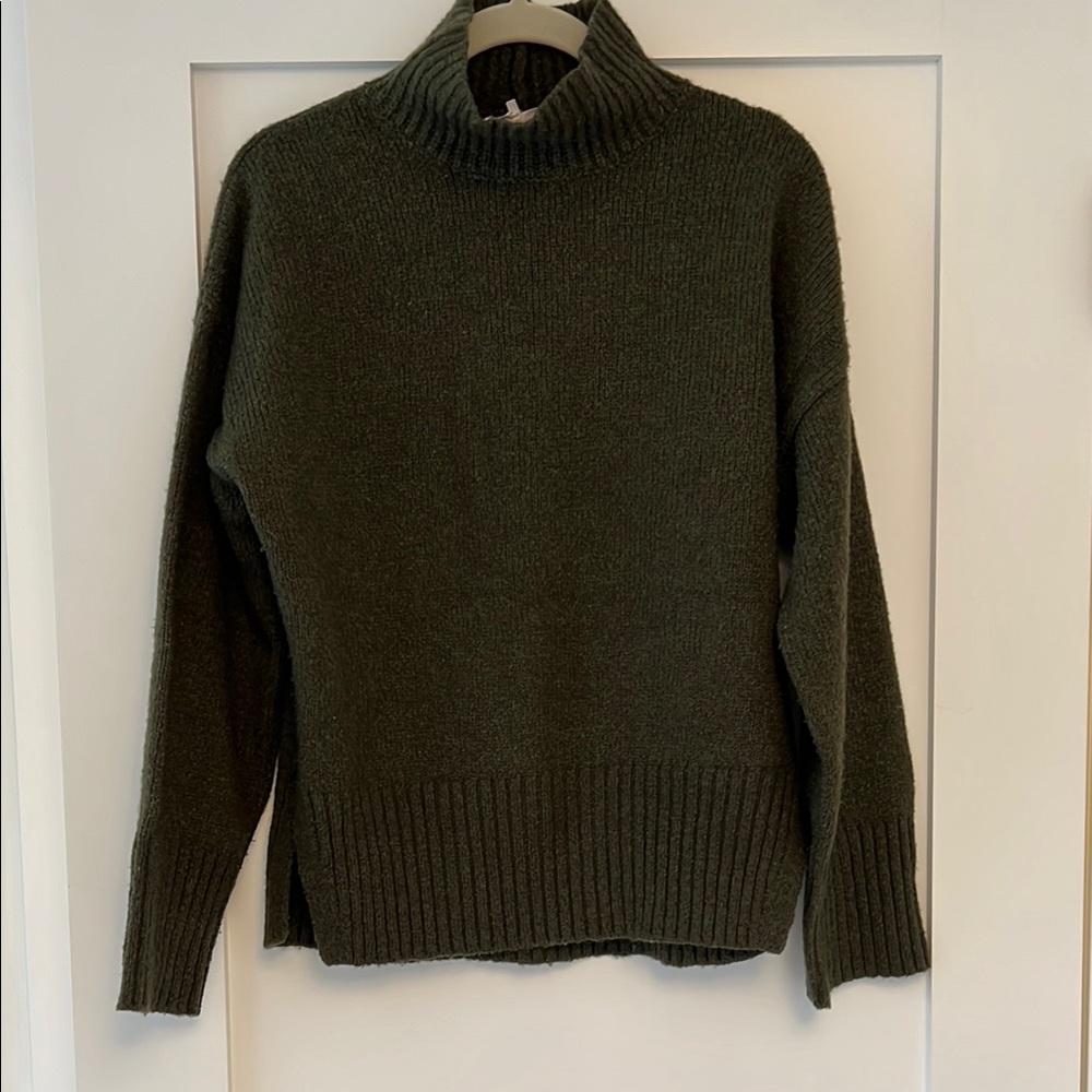 Frame turtleneck sweater in deep moss green.